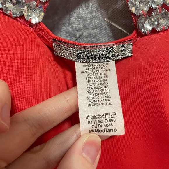 CRISTINA Tangerine Bright Orange Bodycon Wrap Mini Dress w Rhinestones - Sz M - Picture 7 of 9